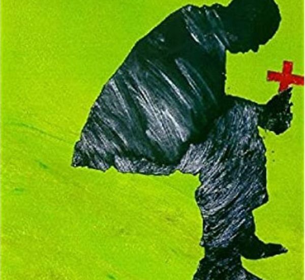 Cover image of the James Baldwin novel Go tell It On the Mountain. I stylized marker drawing of a stocky silhouette of a man sitting holding a red-brown cross in prayer on a bright yellow green background.
